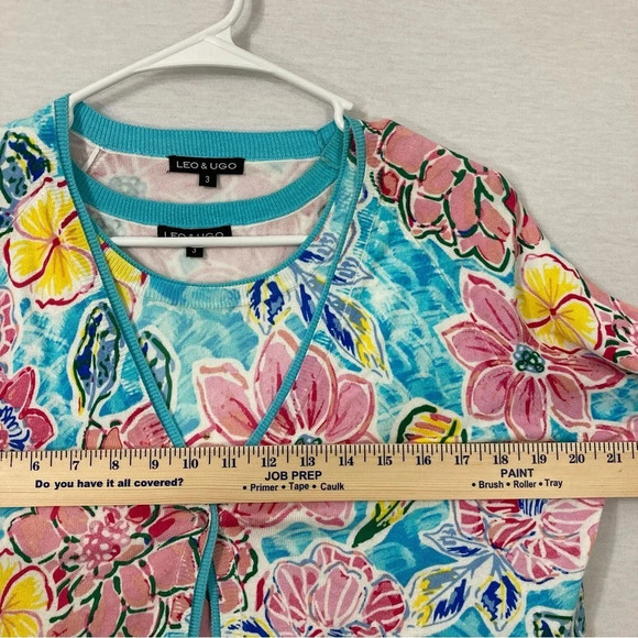 Leo & Ugo Two Layer Pink Blue Floral Soft Stretch Cardigan size Large - Picture 7 of 12